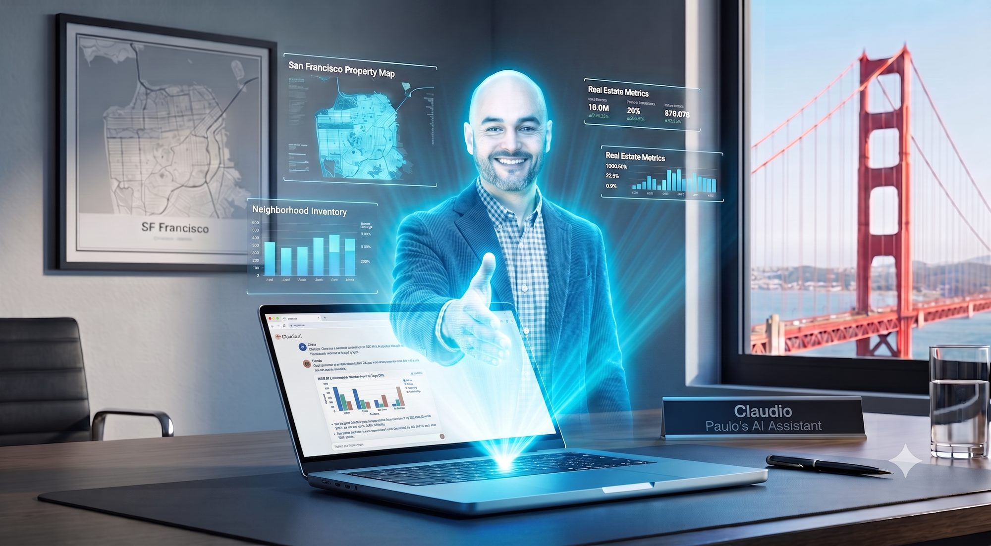 Claudio, Paulo&rsquo;s agentic assistant on Claude AI, at a San Francisco desk with the market dashboards