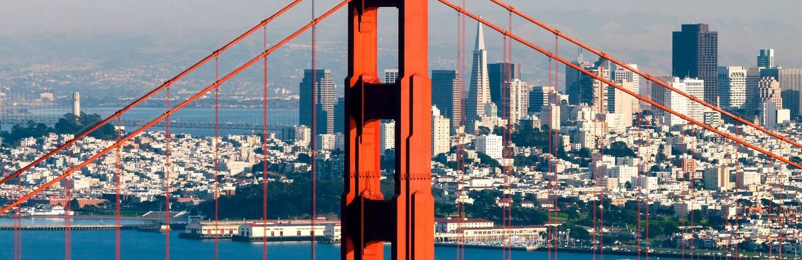 The San Francisco skyline behind the Golden Gate Bridge